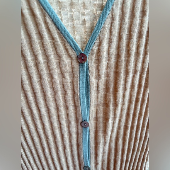 🆕 SWTR Ribbed Knit Long Cardigan Dress Beige Blue Trim Button Front Size M NWT - Picture 8 of 16